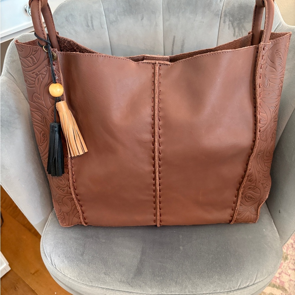 THE SAK LARGE LOS FELIZ TOTE Cognac Brown Leather Tote with Tassel Accent